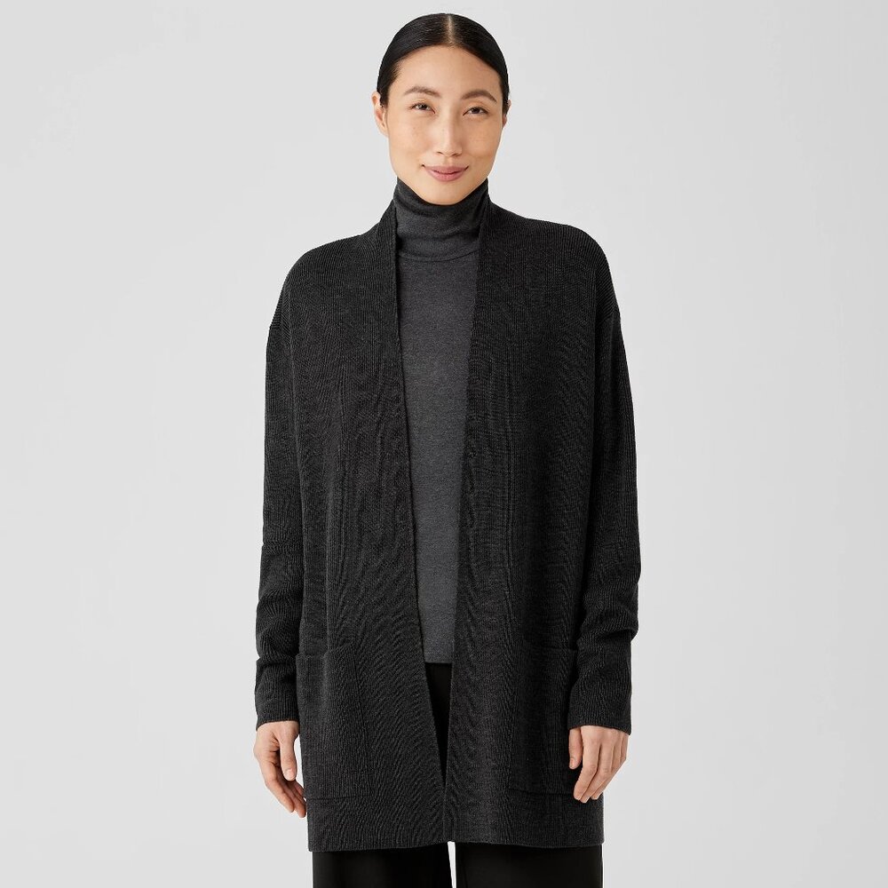 New Eileen fisher Merino Wool long cardigan, charcoal grey with black on inside